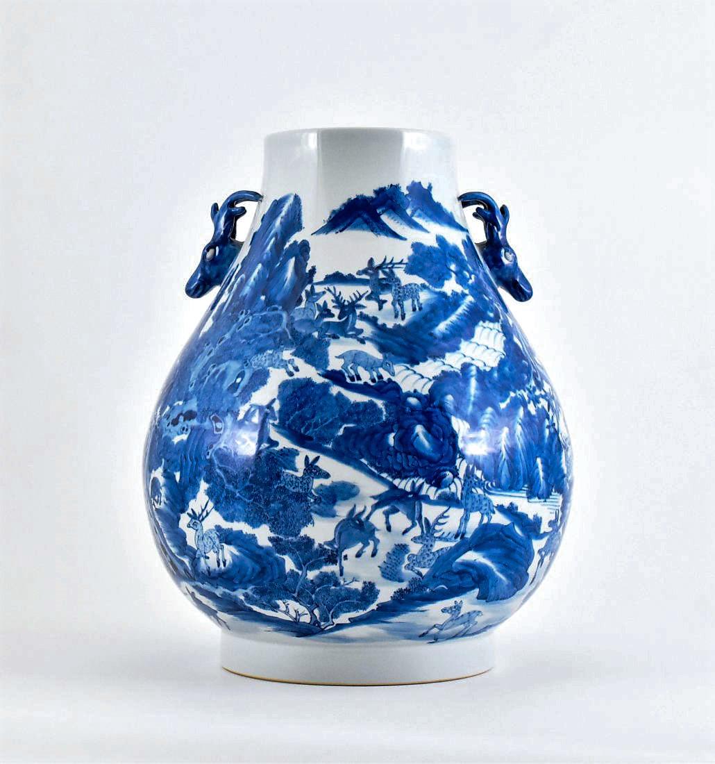 LARGE BLUE GLAZED "HUNDRED DEER" VASE, QIANLONG MARK (1 of 10)