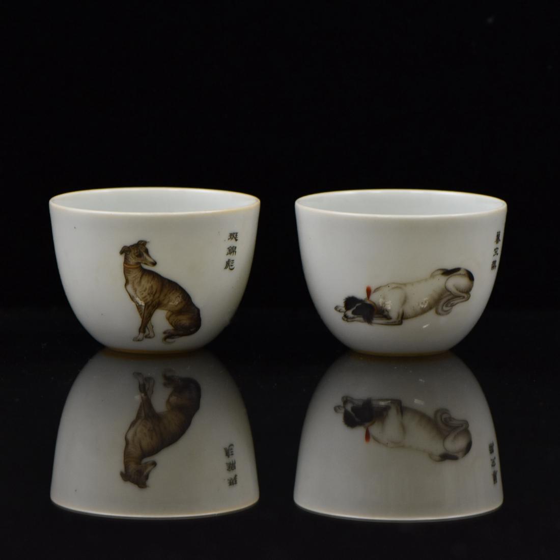 PAIR OF FAMILLE ROSE WHIPPETS BOWLS: The Chinese porcelain bowls is finely potted with round cavetto gently elevating the steep vertical sides towards flat opening, and raised upon a concaved base. The exterior delicately hand painted in