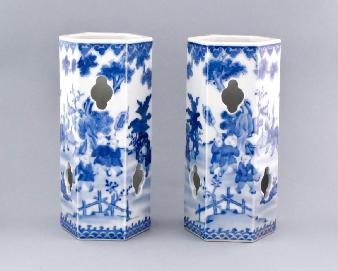 PAIR OF BLUE UNDERGLAZED PORCELAIN HAT STANDS (1 of 10)