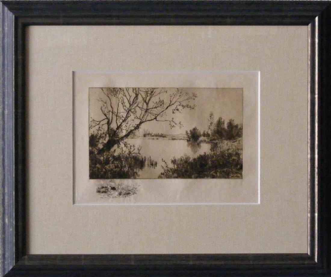ROBERT MINOR, BLACK INK ETCHING LANDSCAPE: Minor, Robert Crannell (New York City, 1839 - Waterford, Connecticut, 1904) conservation framed. 4 7/8" x 8 1/4" etching. Conservation matting, framing and glass. Outside dimensions 15 1/8" x 18". Con