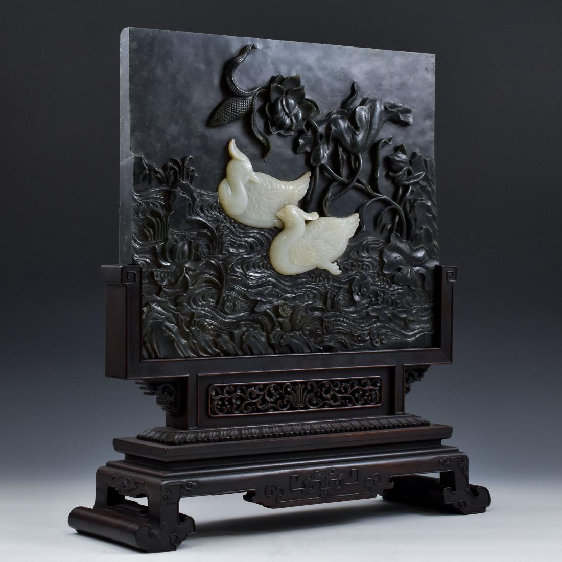 GREEN & WHITE JADE INLAID MANDARIN DUCKS TABLE SCREEN (1 of 10)