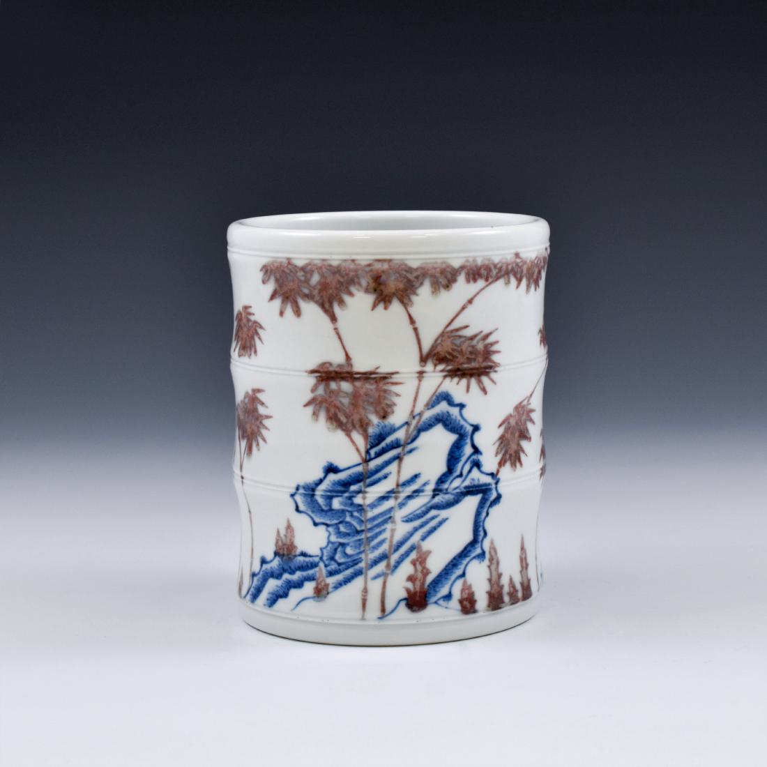 18TH C RED & BLUE PORCELAIN BRUSH POT IN BAMBOO MOTIF (1 of 6)