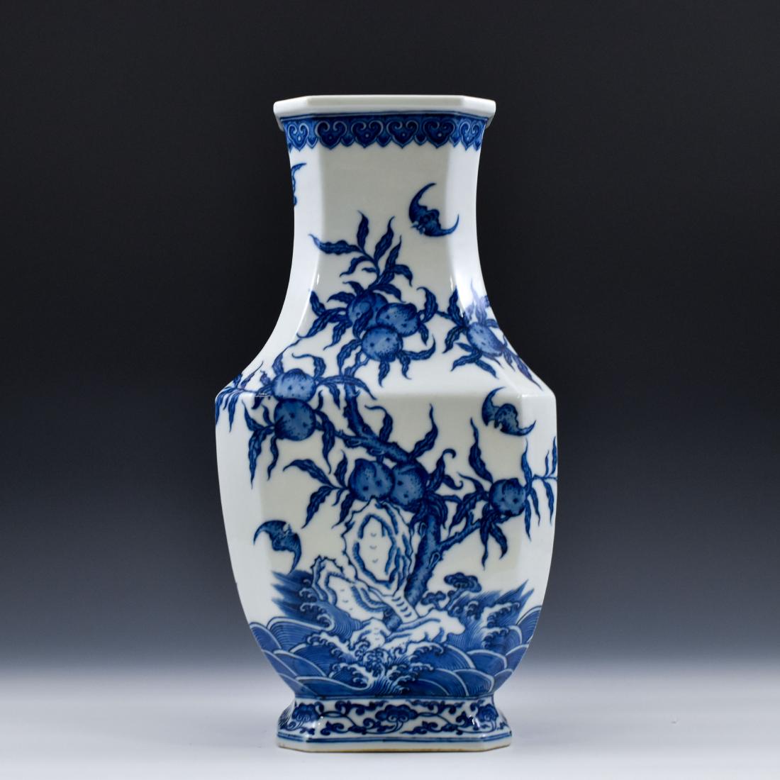 BLUE & WHITE FU BATS & PEACH OCTAGONAL BALUSTER VASE (1 of 9)