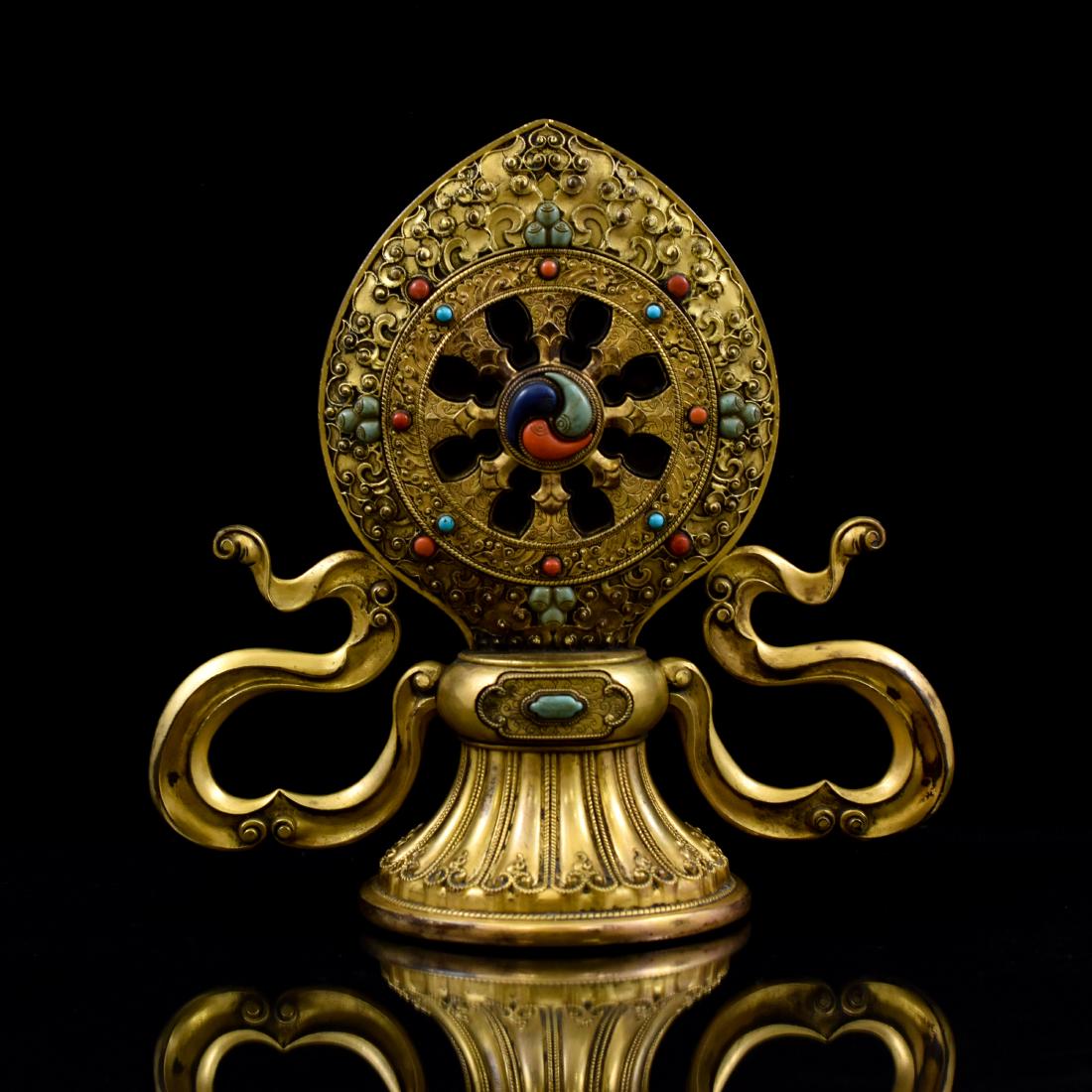 QING GILT BRONZE & STONES INLAID DHARMACAKHRA (1 of 10)