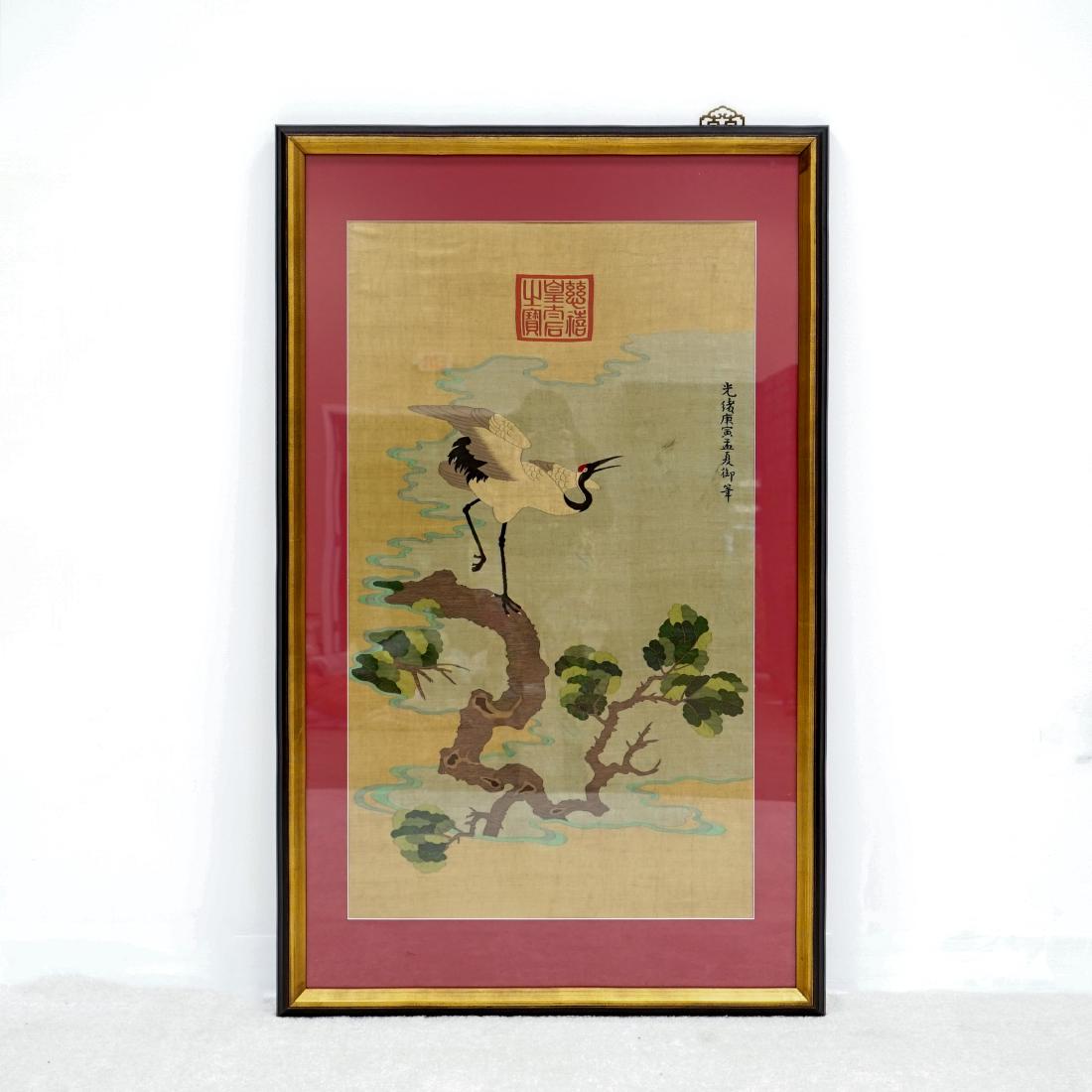 19/20TH C QING GUANGXU FRAMED CHINESE CRANE SILK KESI (1 of 6)