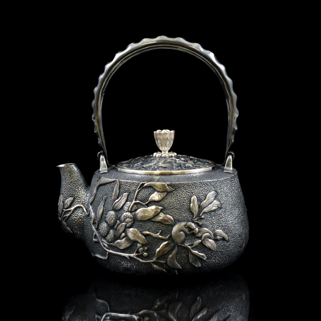 JAPANESE SILVER TEA POT WITH SQUIREL & FRUIT MOTIF (1 of 10)