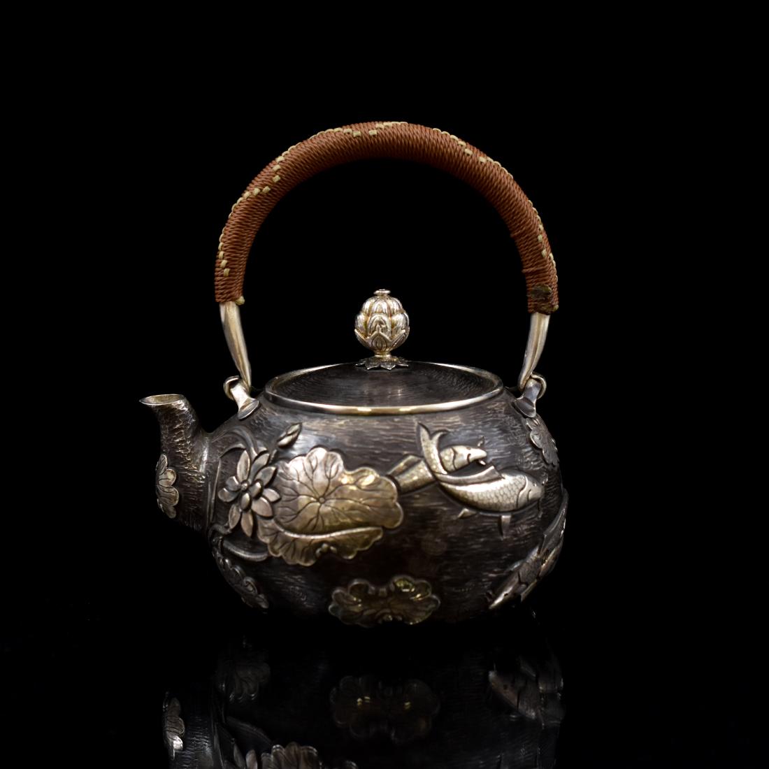 JAPANESE SILVER TEA POT WITH FISH & LOTUS MOTIF (1 of 6)