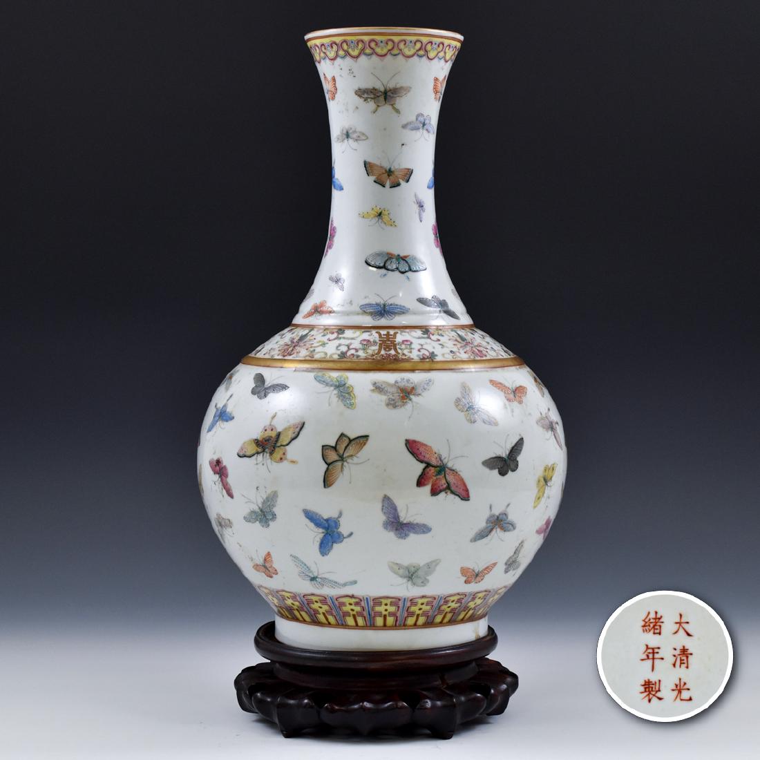 CHINESE HUNDRED BUTTERFLIES FAMILLE ROSE VASE ON STAND (1 of 9)