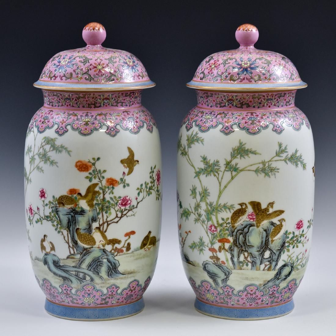 PAIR OF CHINESE FAMILLE ROSE PORCELAIN TEMPLE JARS (1 of 12)