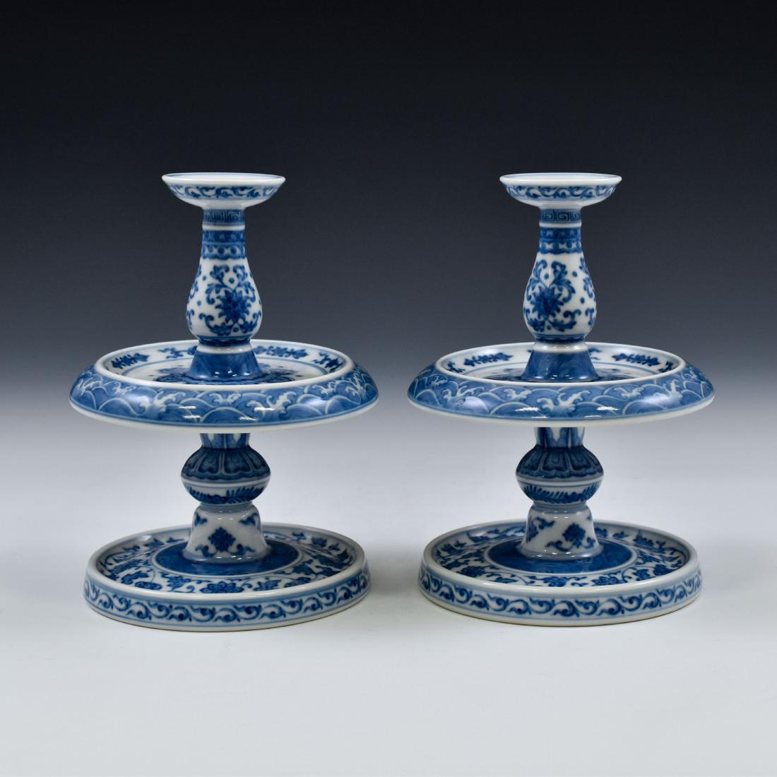 PAIR OF BLUE & WHITE PORCELAIN CANDLE HOLDERS (1 of 10)