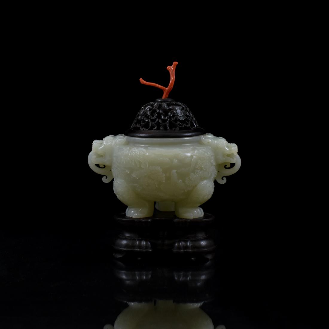 CHINESE JADE TRIPOD CENSER WITH RED CORAL FINIAL ON (1 of 10)