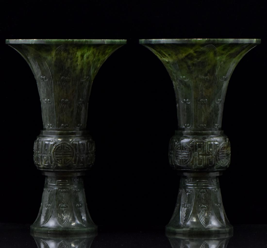 PAIR LARGE CHINESE GREEN JADE GU VASES (1 of 9)