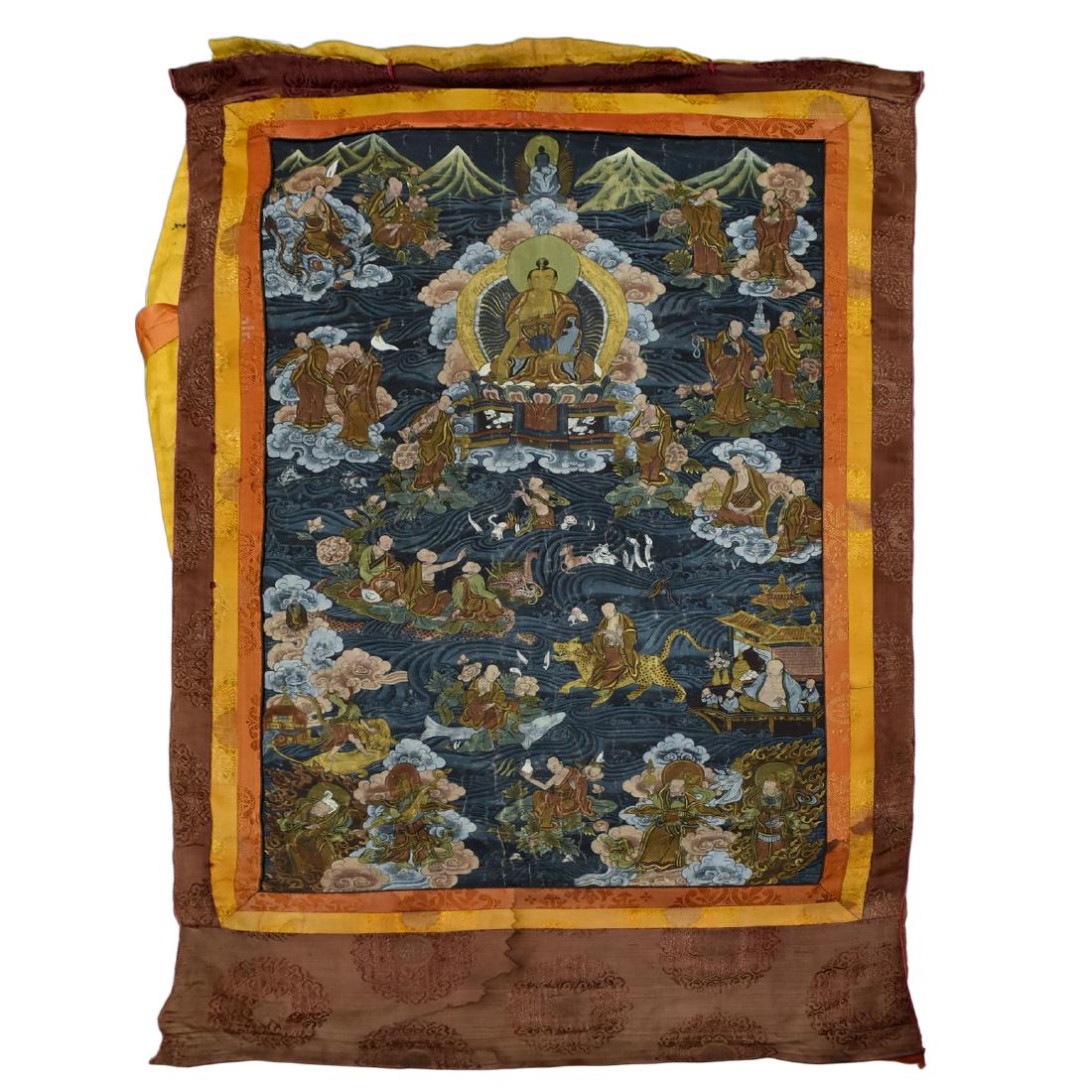 19TH C THANGKA OF SHAKYAMUNI BUDDHA & 16 ARHATS: 19th Century Chinese Tibetan Buddhist Thangka painting of Shakyamuni Buddha (Tibetan: sha kya thu pa, sang gye, English: the Enlightened One, Sage of the Shakya Clan) together with the two foremost st