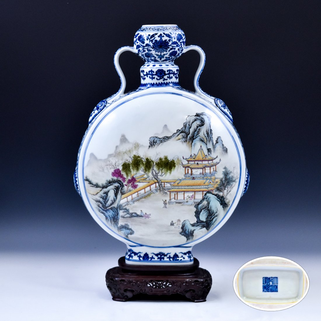 QING FAMILLE ROSE LANDSCAPE MOON FLASK ON STAND (1 of 11)