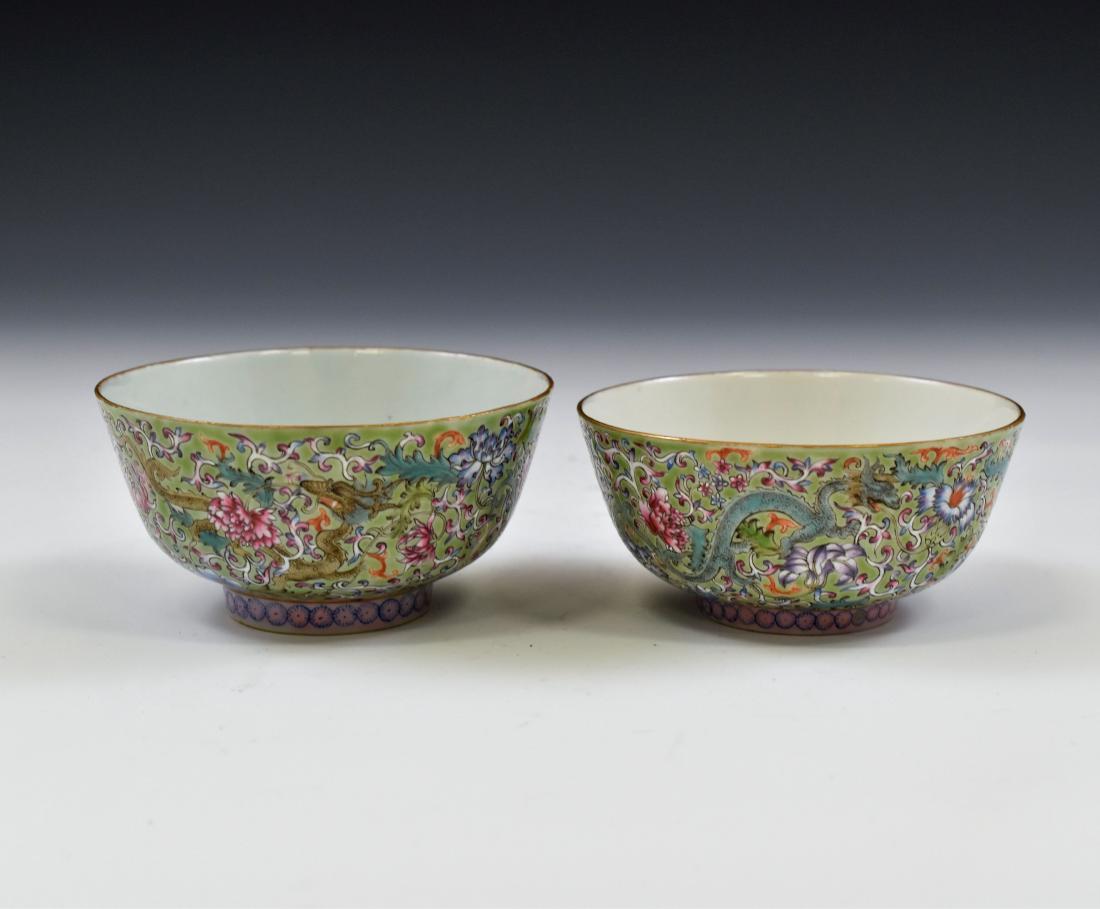 19TH C PAIR OF SHENDETANG MARK FAMILLE ROSE DRAGON: RARE Pair of 19th Century Chinese Qing Dynasty porcelain bowls, Finely potted in a shape of a simply bowl deep vessels, the rounded cavetto gently rising the sides toward the flat rim, raised upon a c