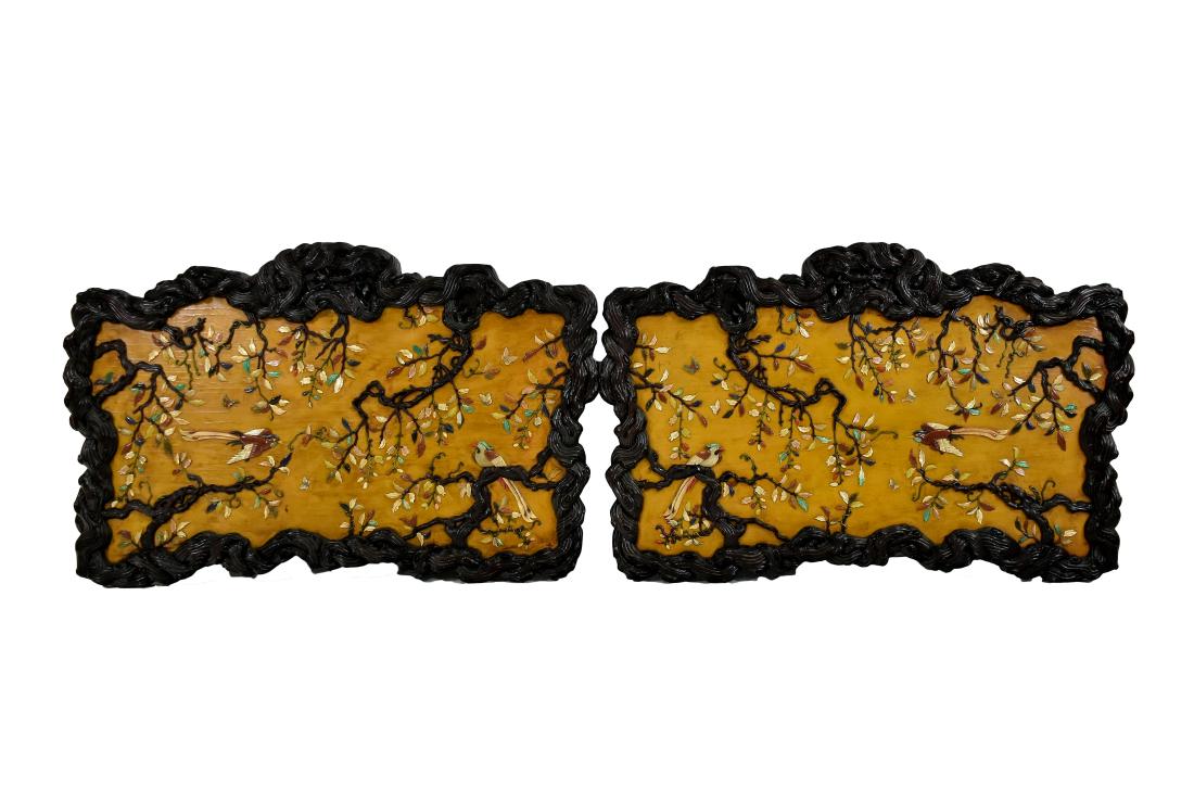 PAIR OF STONES INLAID WALL SCREEN OF MAGPIE & PRUNUS (1 of 14)