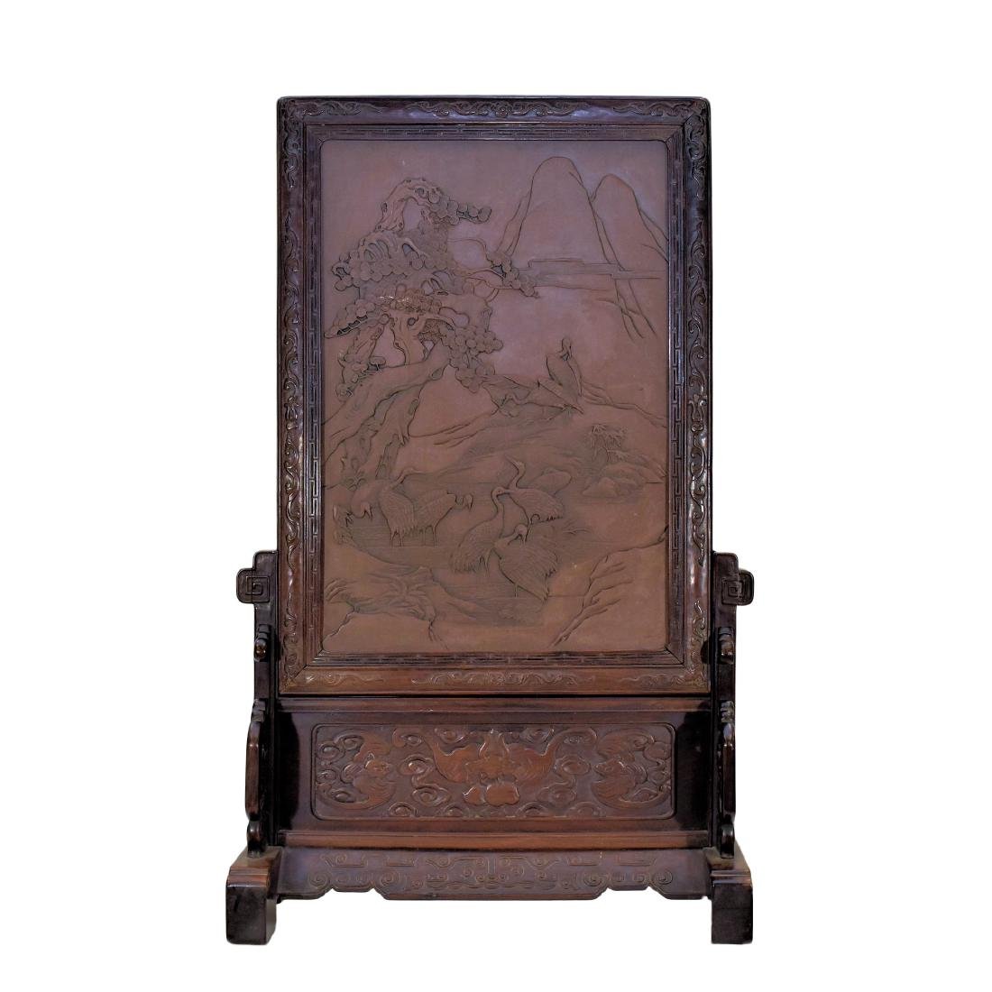 HUNDREDS CRANES RELIEF CARVED STONE TABLE SCREEN (1 of 9)
