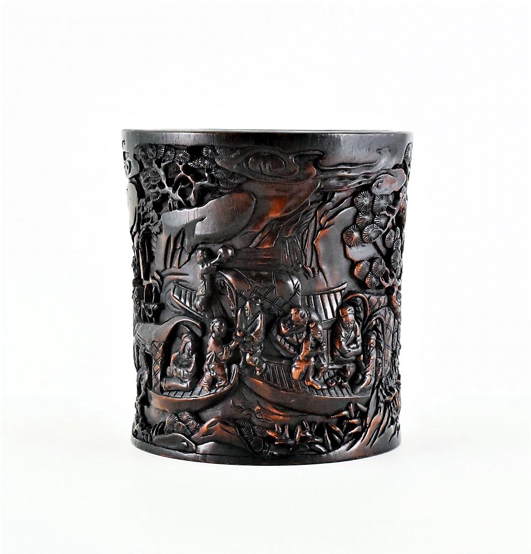 CARVED ZITAN BRUSH POT WITH FISHERMAN MOTIF (1 of 10)