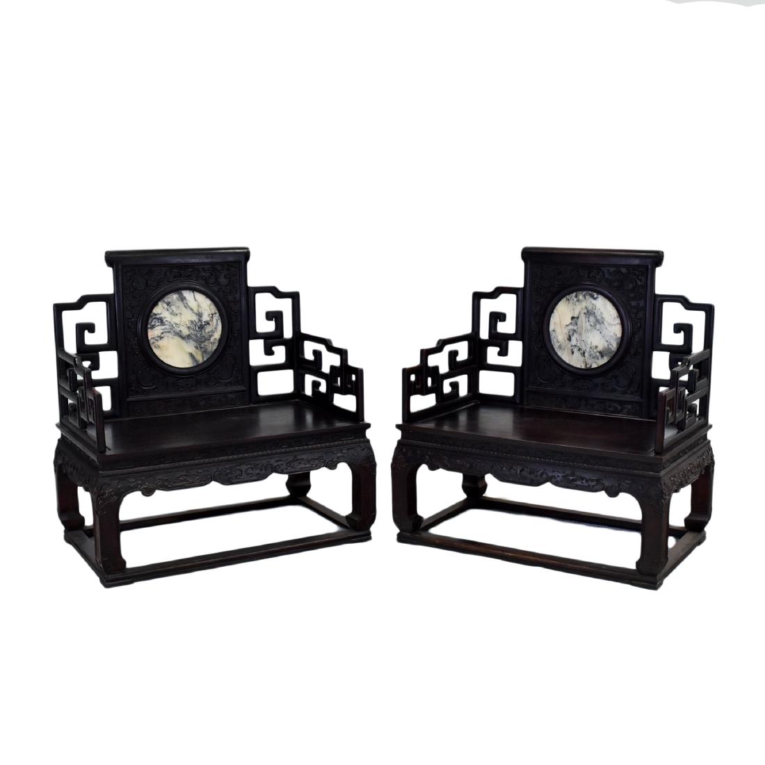 PAIR OF ZITAN THRONE CHAIRS WITH ROUND MARBLE PLAQUE (1 of 20)