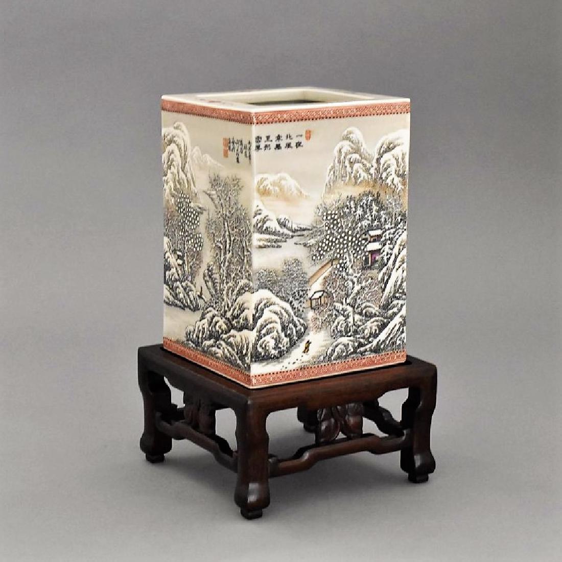 20TH C WINTER SCENE SQUARE PORCELAIN BRUSH POT (1 of 9)