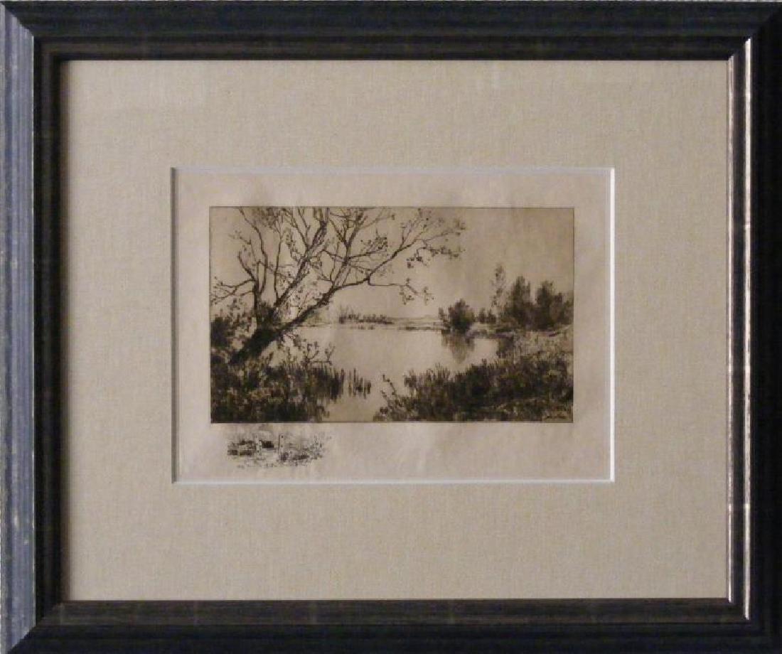 ROBERT MINOR, BLACK INK ETCHING LANDSCAPE: Minor, Robert Crannell (New York City, 1839 - Waterford, Connecticut, 1904) conservation framed. 4 7/8" x 8 1/4" etching. Conservation matting, framing and glass. Outside dimensions 15 1/8" x 18". Con