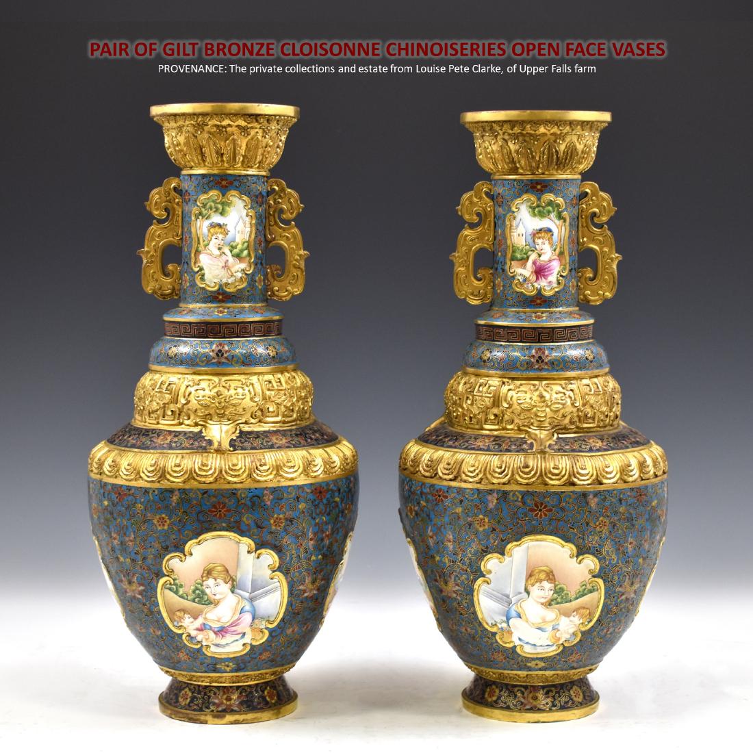 PAIR OF GILT BRONZE CLOISONNE CHINOISERIES OPEN FACE (1 of 10)