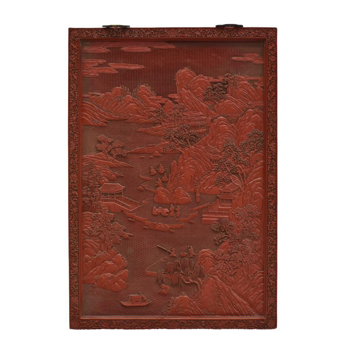 LARGE CHINESE CINNABAR CARVING LANDSCAPE WALL PAINTING (1 of 9)