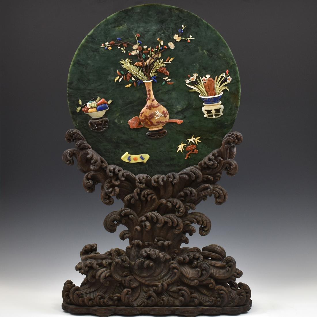 GREEN JADE & STONES INLAID ROUND TABLE SCREEN (1 of 11)