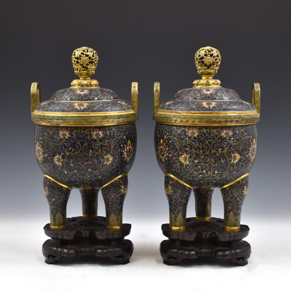 PAIR OF GILT BRONZE CLOISONNE TRIPOD CENSERS ON STAND (1 of 13)