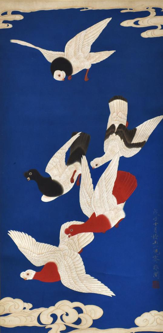 CHINESE SCROLL PAINTING OF A FLOCK OF DOVES (1 of 10)
