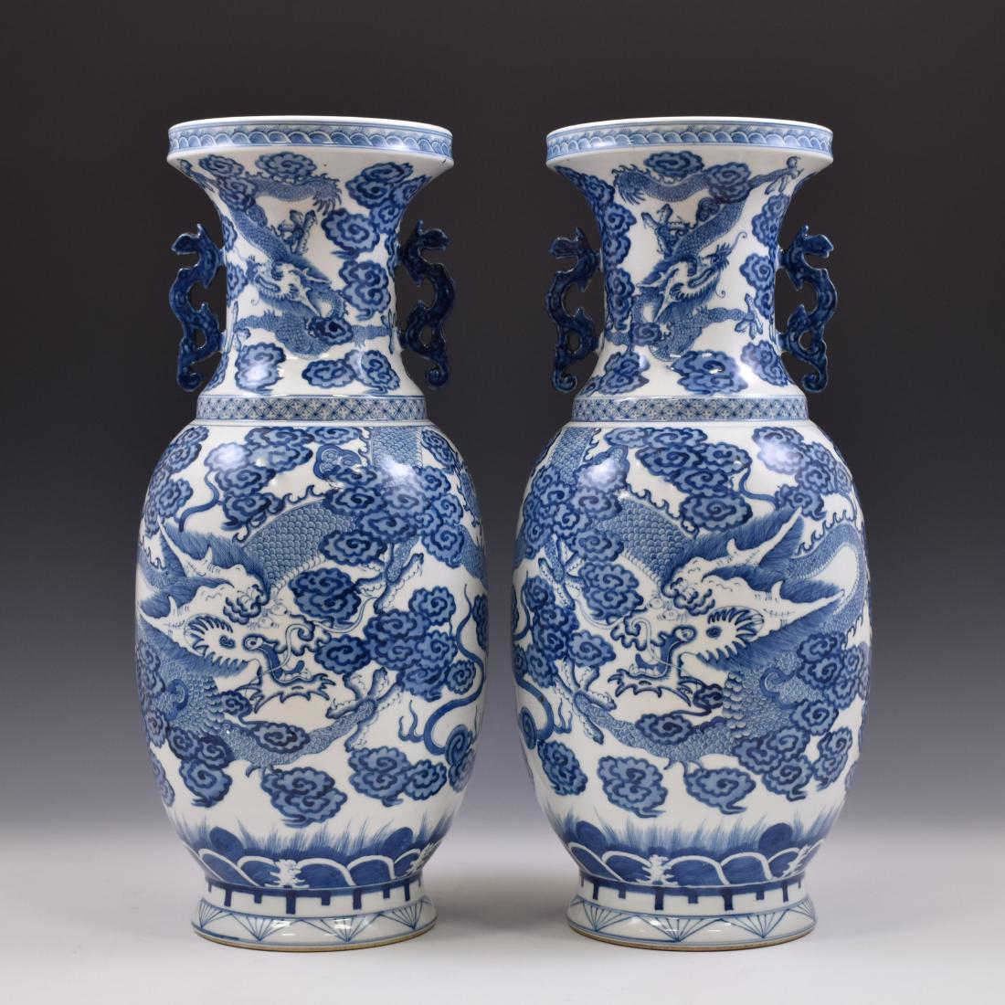 PAIR BLUE & WHITED DRAGON BALUSTER VASES (1 of 10)