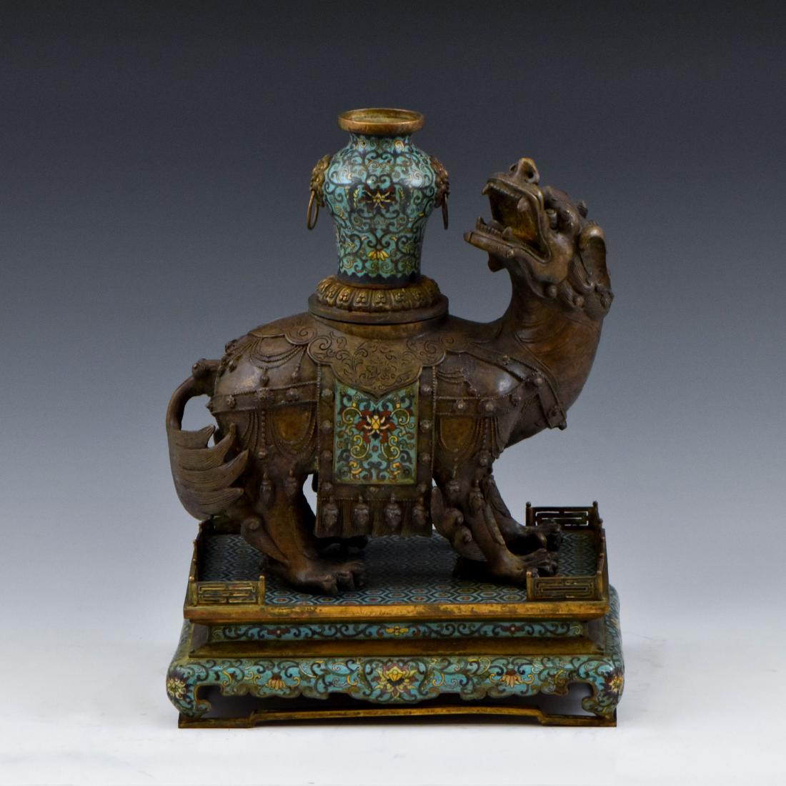 CHINESE BRONZE QILIN CARRYING CLOISONNE VASE (1 of 10)
