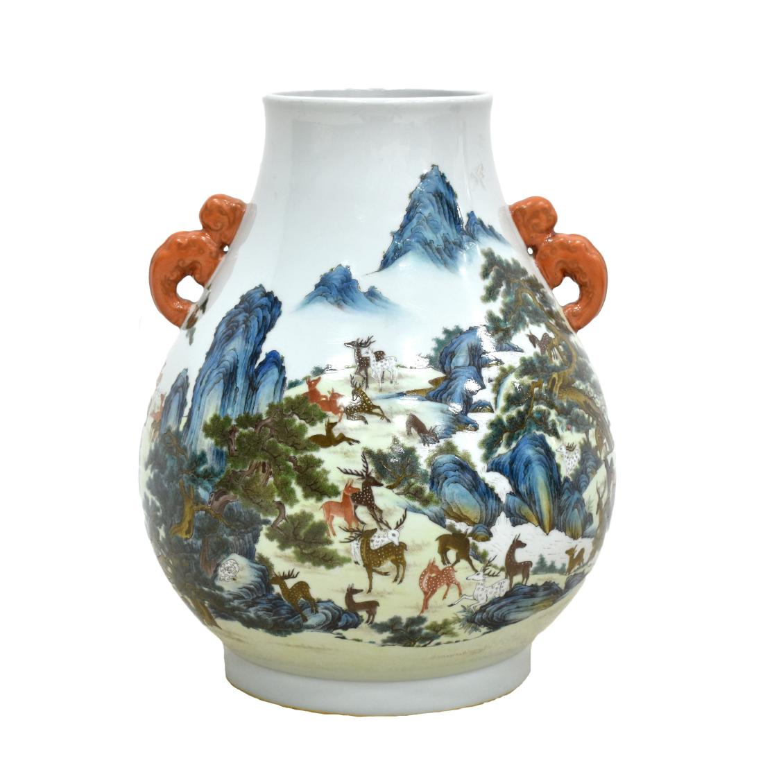 LARGE FAMILLE ROSE HUNDRED DEER PORCELAIN VASE (1 of 13)