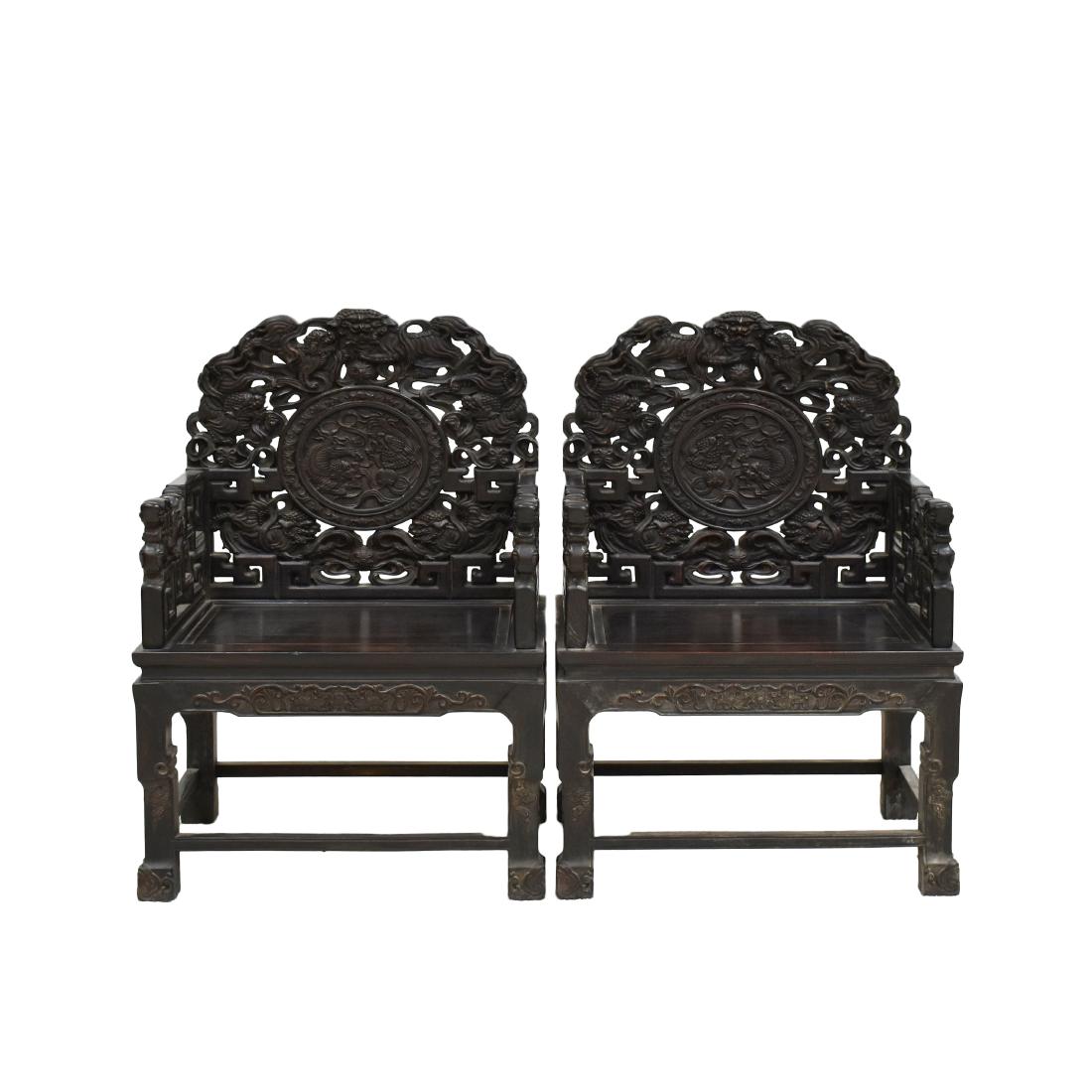 PAIR OF OPEN CARVED ZITAN MASTER CHAIRS (1 of 12)