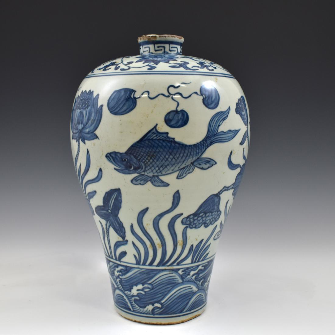 MING BLUE & WHITE CARP & LOTUS MEIPING VASE (1 of 11)