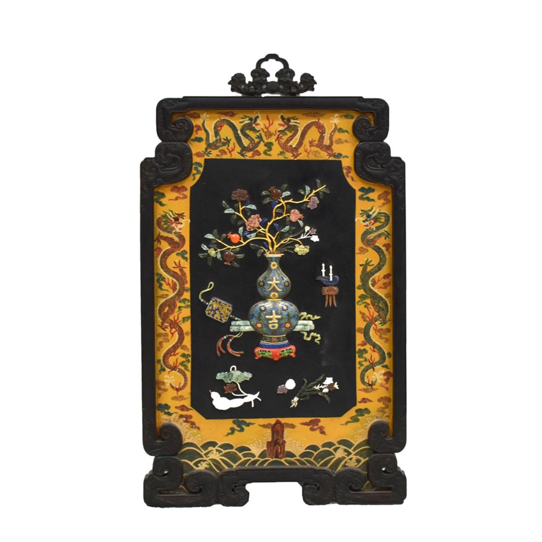 CLOISONNE & HARDSTONES INLAID WALL SCREEN: Antique Chinese Semi-precious stones inlaid wall screen. Of rectangular shape wall plaque with grooved corners. The main decoration shows semi-precious stones inlaid pomegranate abundant comprising la