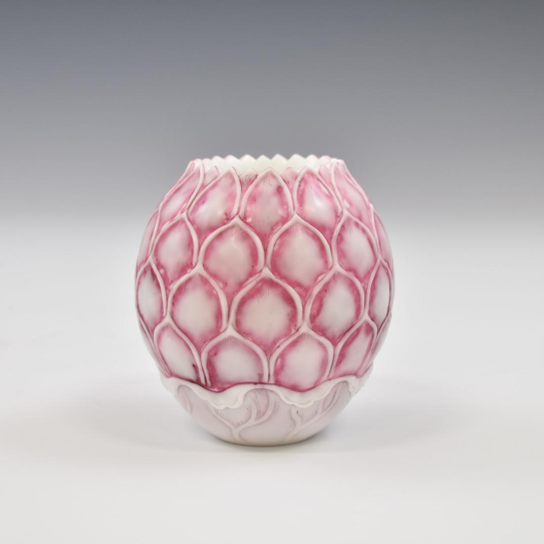 PEKING GLASS LOTUS BRUSH POT: Chinese Lotus Peking Glass Brush Pot. Jar with contracted opening, full shoulder, and oviform belly. This type of jar in the shape of a Buddhist begging bowl (BO). In a hand of Crafts master, brush po