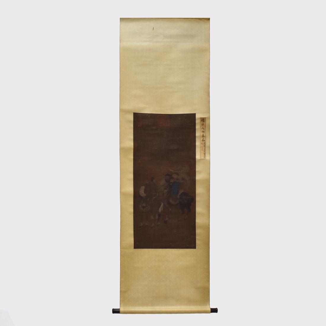 CHINESE SILK PAINTING OF FIGURINES & HORSE: Chinese traditional painting, ink and color on silk, hanging scroll. Depicted figurines and horse. Matted on a pale-creme silk border. Dimensions: 76" H x 25-3/8" W (inner painting): 35-3/4" H x 15-1/