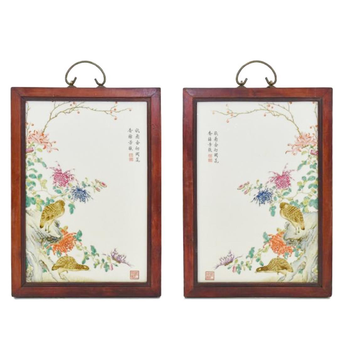 PAIR OF FRAMED QUAILS & FLORAL PORCELAIN PAINTINGS: Pair of Chinese porcelain paintings, in vertical rectangular shaped plaques, Each hand painted in famille rose polychrome of quails within flowering foliate in mirrored images, with calligraphy themed