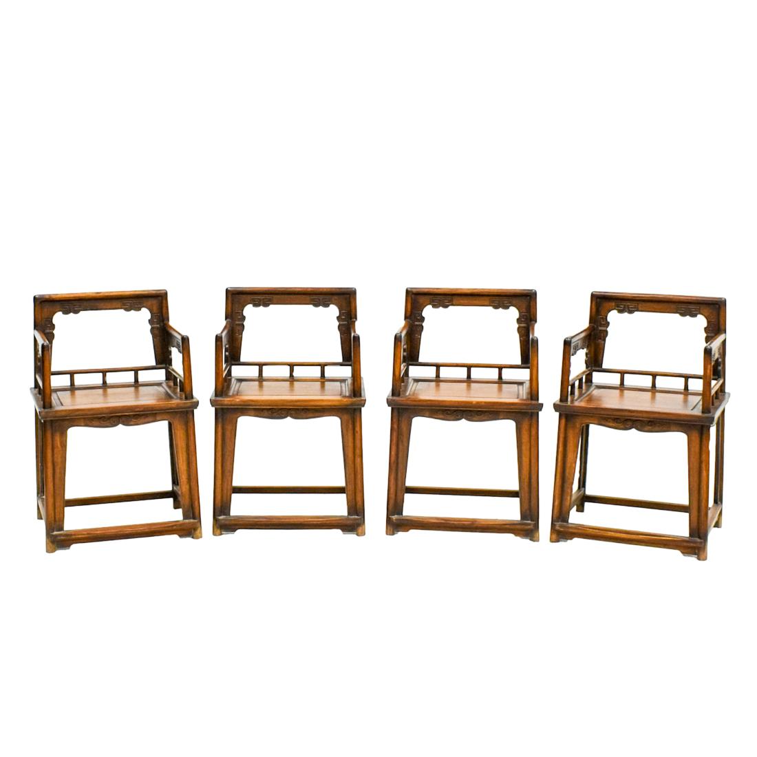 SET OF 4 HUANGHUALI ROSE CHAIRS, MEIGUI YI: Set of 4 pcs Antique Chinese Huanghuali Rose arm chairs. Each with an open-carved back frame formed by a straight top rail rounding the corners to the back posts, set with an inset beaded border apron