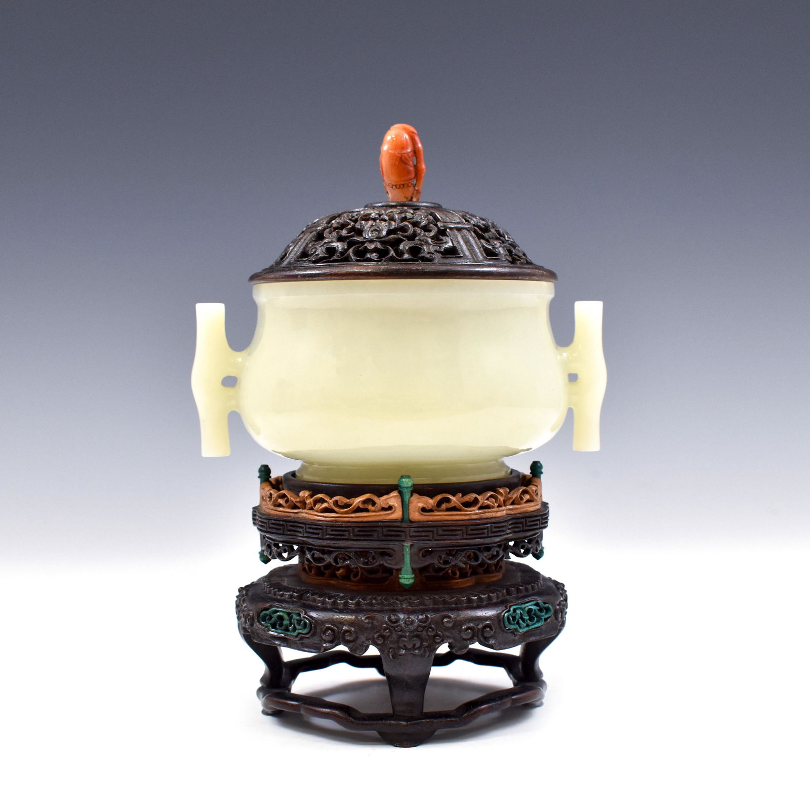 JADE CENSER WITH RED CORAL FINIAL ON STAND (1 of 11)