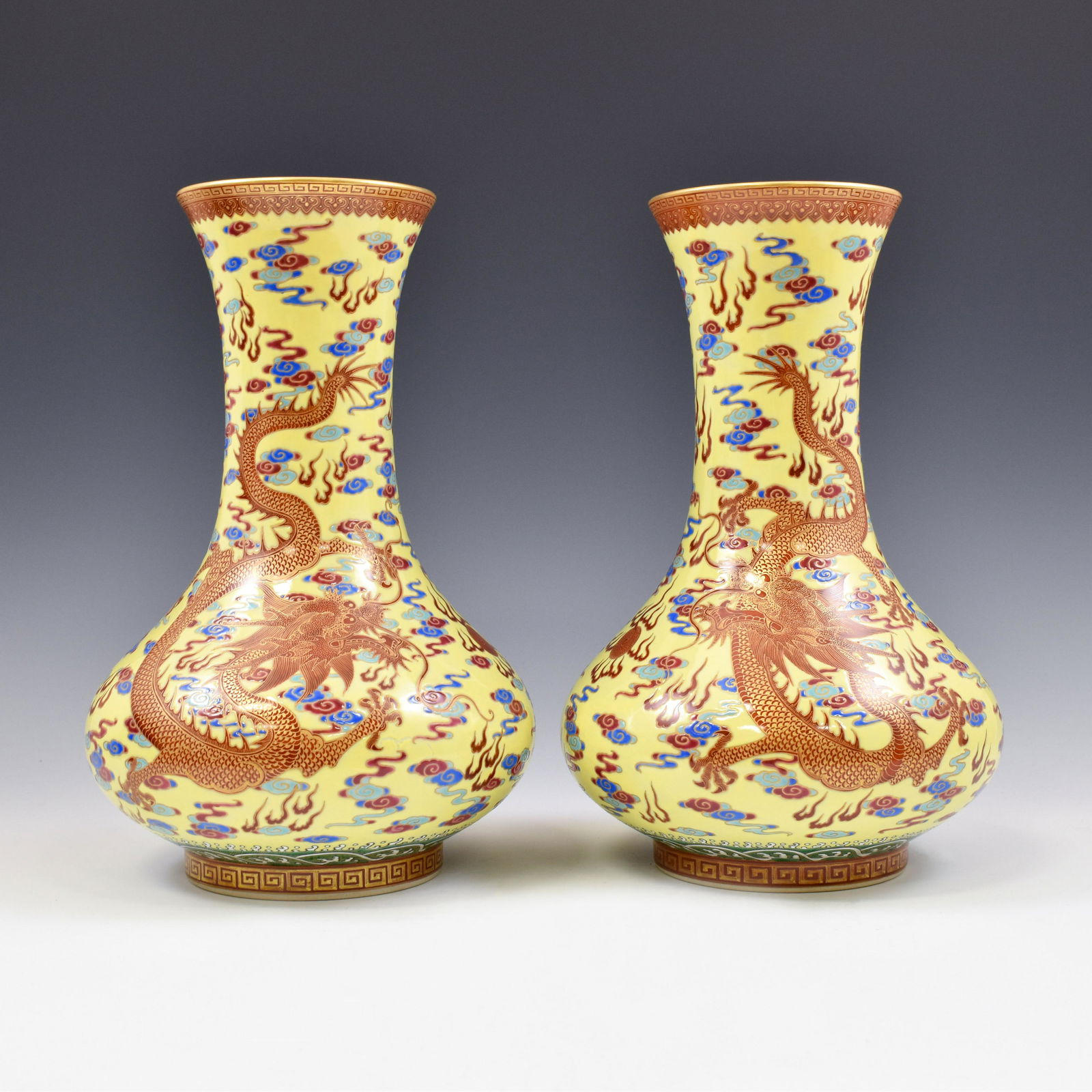 PAIR YONGZHENG RED DRAGON YELLOW VASES (1 of 15)