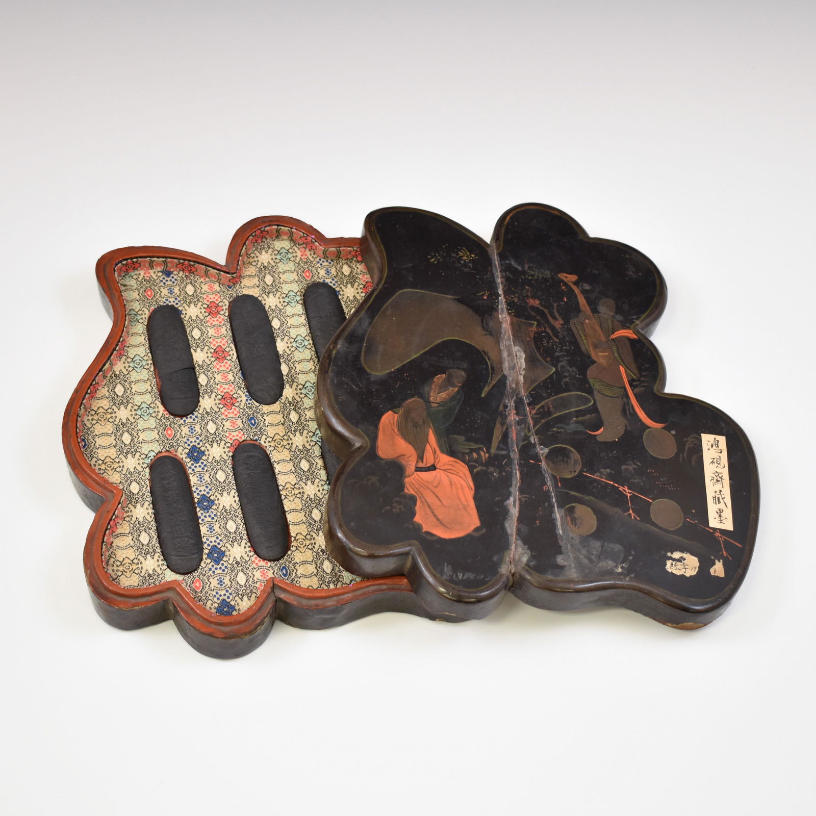 SET OF INK STONE IN BOX: Set of 7 (Seven) Pieces Antique Ink Stone Qing Dynasty, Chinese ink yan in lacquered hardwood box. Each rectangular ink stone carved in relief of various architectural landscape and black Chinese char