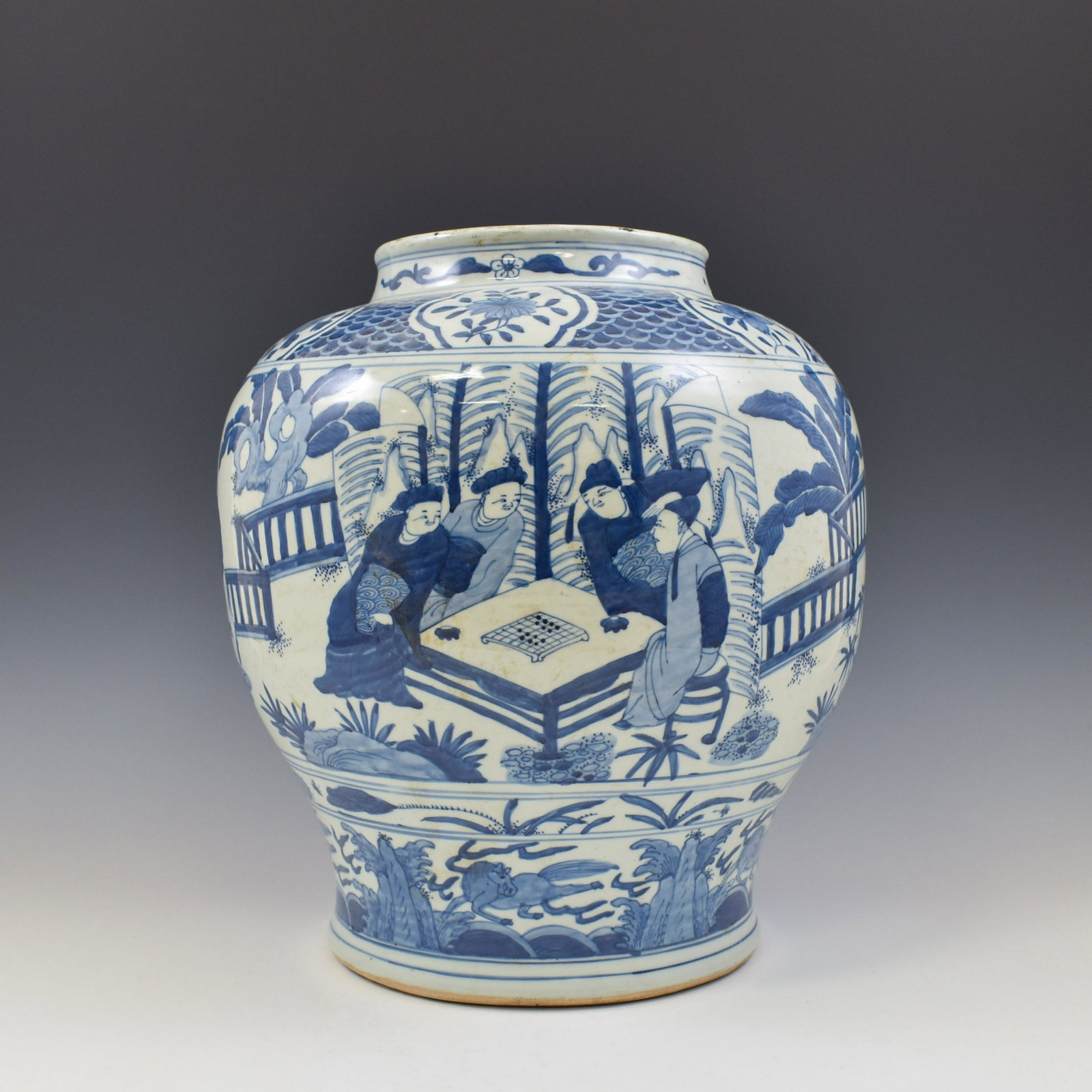 MING BLUE & WHITE FIGURATIVE JAR: Chinese Ming Dynasty Period, blue & white figurative motif porcelain jar. The porcelain potted in jar shape, having large and thick potted body, sturdily potted in a bulbous body, ovoid belly on middl