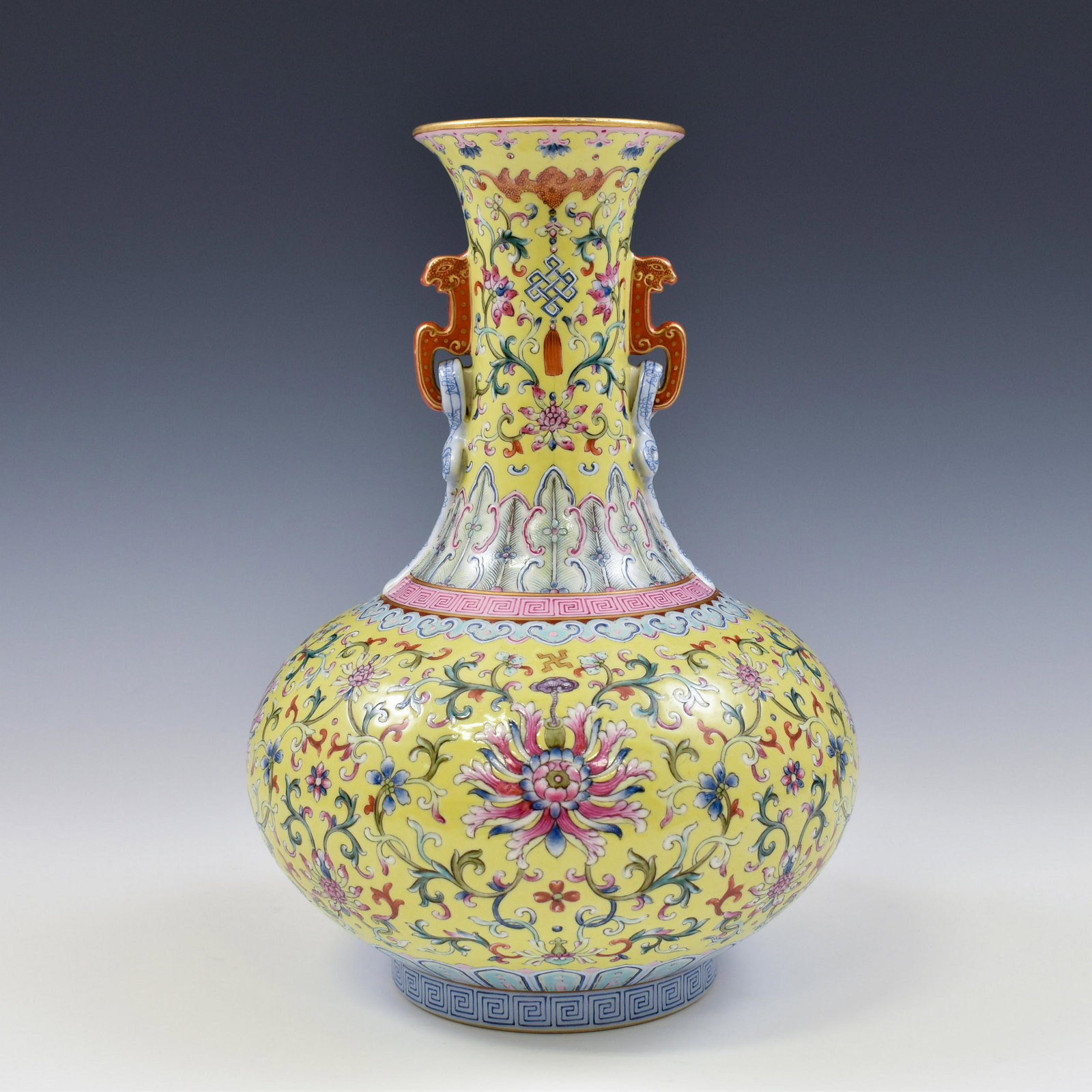 QIANLONG FAMILLE ROSE AMPHORA VASE: Extraordinary, Rare, Chinese Qing Dynasty Period, Qianlong famille rose motif over yellow ground porcelain amphora vase. The porcelain potted in amphora shape vase, globular body, oval body, tapered g