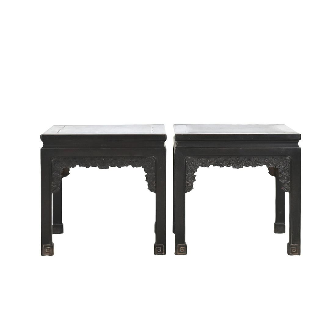 19TH C PAIR OF CHINESE ZITAN SQUARE STANDS: 19th Pair of Century Chinese Zitan square stands, the square top set above waisted and shaped apron carved with rococo floral motif, all raised on beaded and squared legs, joined by scratchers above t