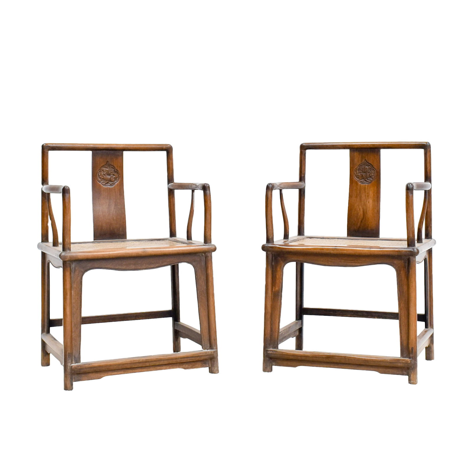 PR. HUANGHUALI ROSE ARMCHAIR: Rare, Pair of Chinese Huanghuali rose armchair. Each with an open-carved back frame formed by a straight top rail rounding the corners to the back posts, set with an inset beaded border apron and span