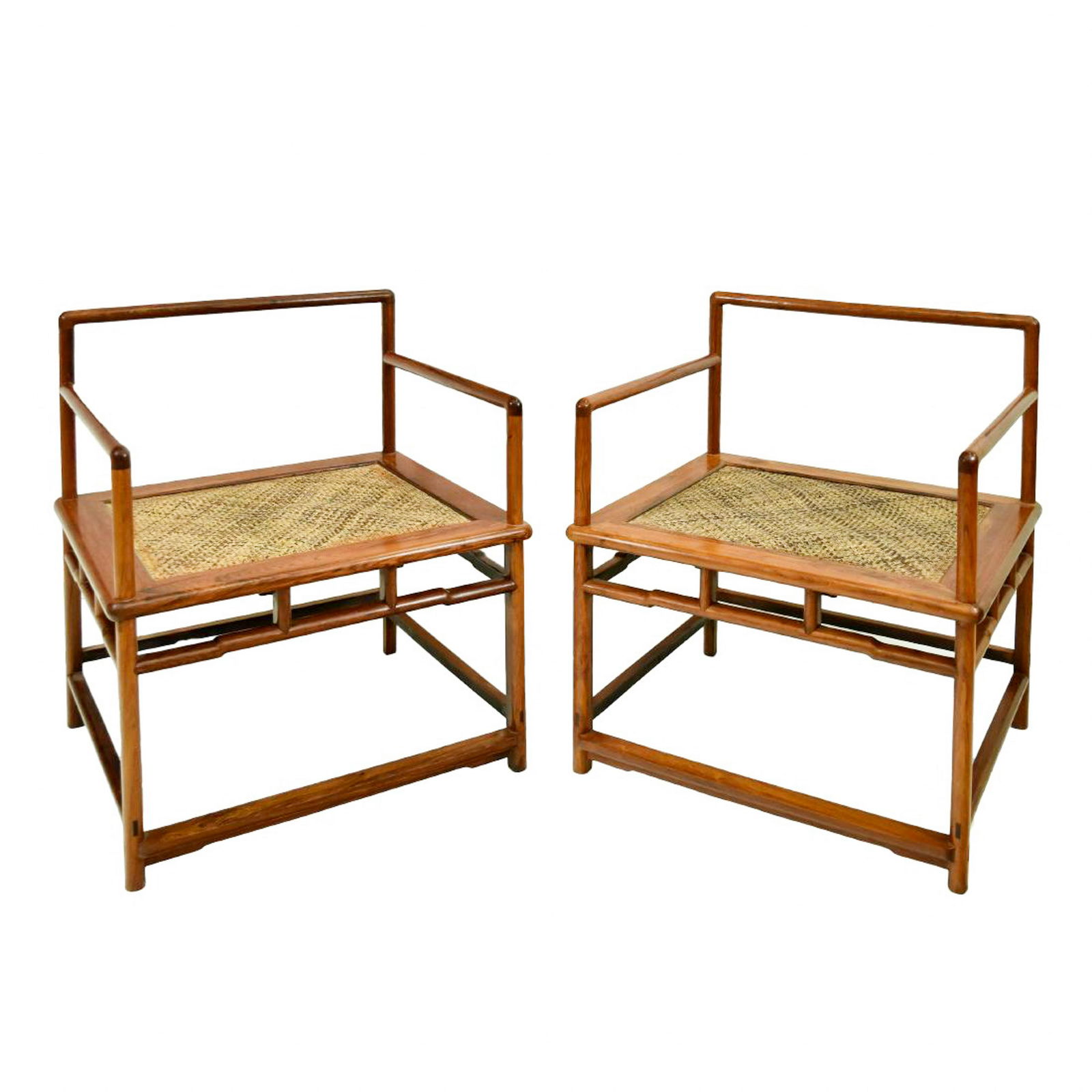18/19TH C. PAIR OF HUANGHUALI WOOVEN ARMCHAIRS: Each chairs with an open-carved back frame formed by a straight top rail rounding the corners to the back posts, set with an inset beaded border apron, the straight arms continuing down to form the fr