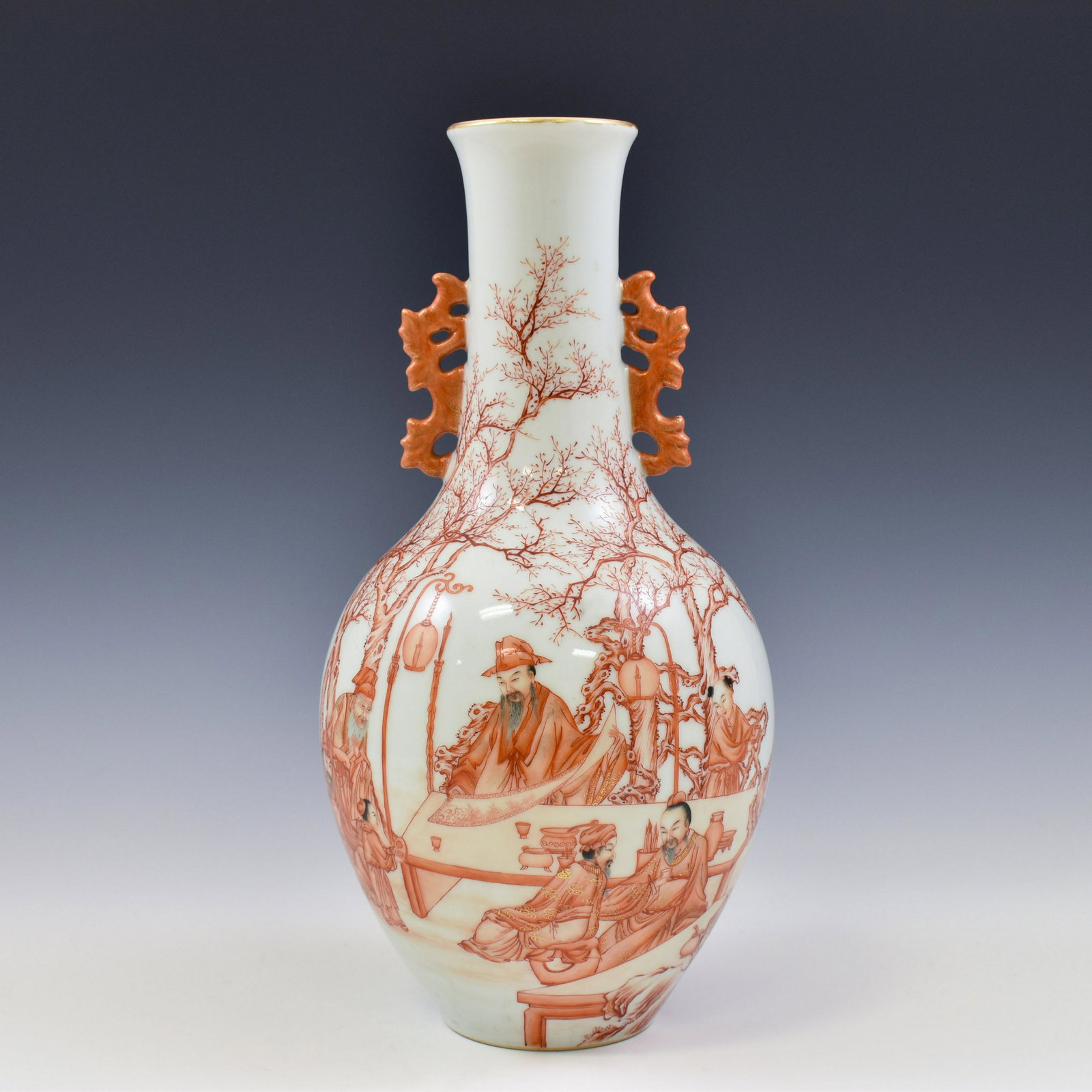 QIANLONG ALUM RED & GILT DETAIL AMPHORA VASE: Chinese qing Dynasty Qianlong alum red glazed and gilt overglaze detail double dragon ears porcelain amphora vase. The exterior adorned with high rank officer in pursuit within architectural landscape
