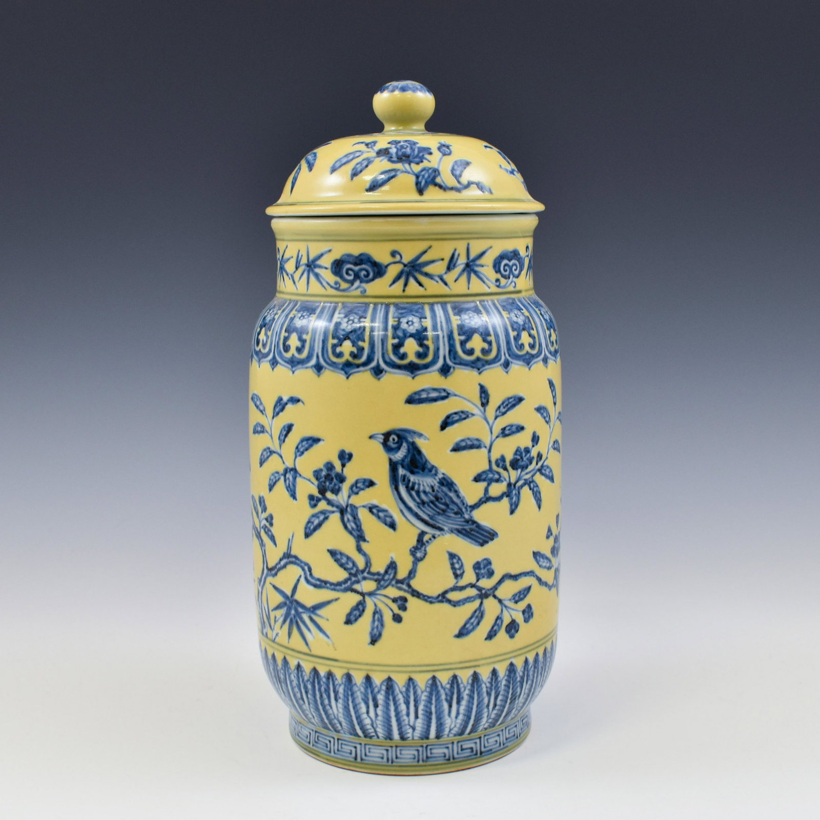 MING XUANDE FAMILLE JAUNE LIDDED JAR: PROVENANCE: Private (Estate) collections of Jack J. Woo, by inheritance. Dimensions: 6.25"L x 13.25"H Chinese Ming Dynasty Period, Xuande famille jaune motif porcelain lidded jar. The Chinese porcelai